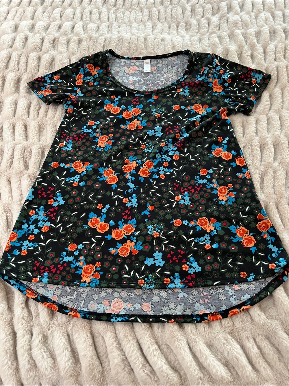LuLaRoe Black Floral Short Sleeve Tee with Orange & Blue Blooms